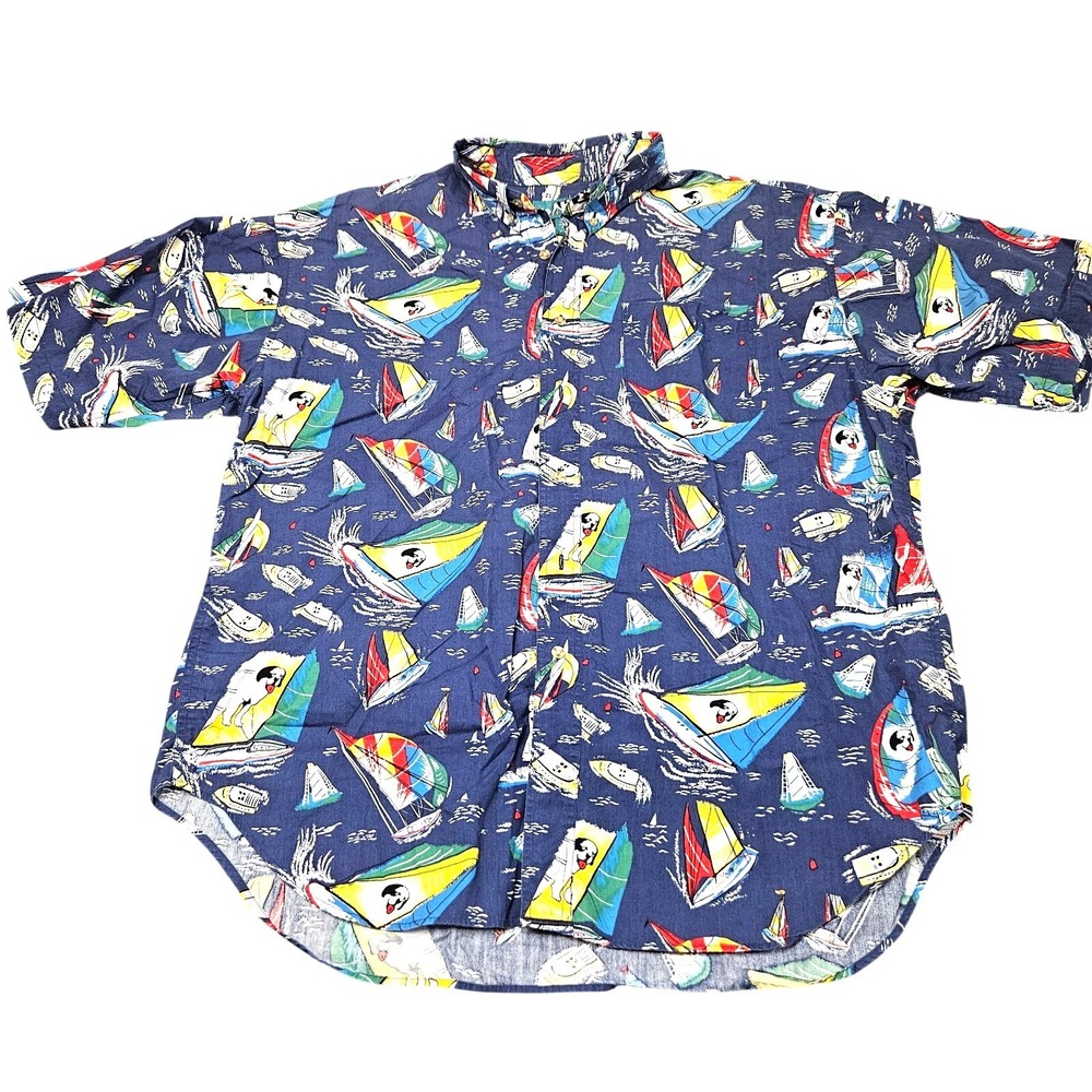 Big Dogs Button Down Shirt Mens XL Blue Sailboat Nautical Coastal Resortwear